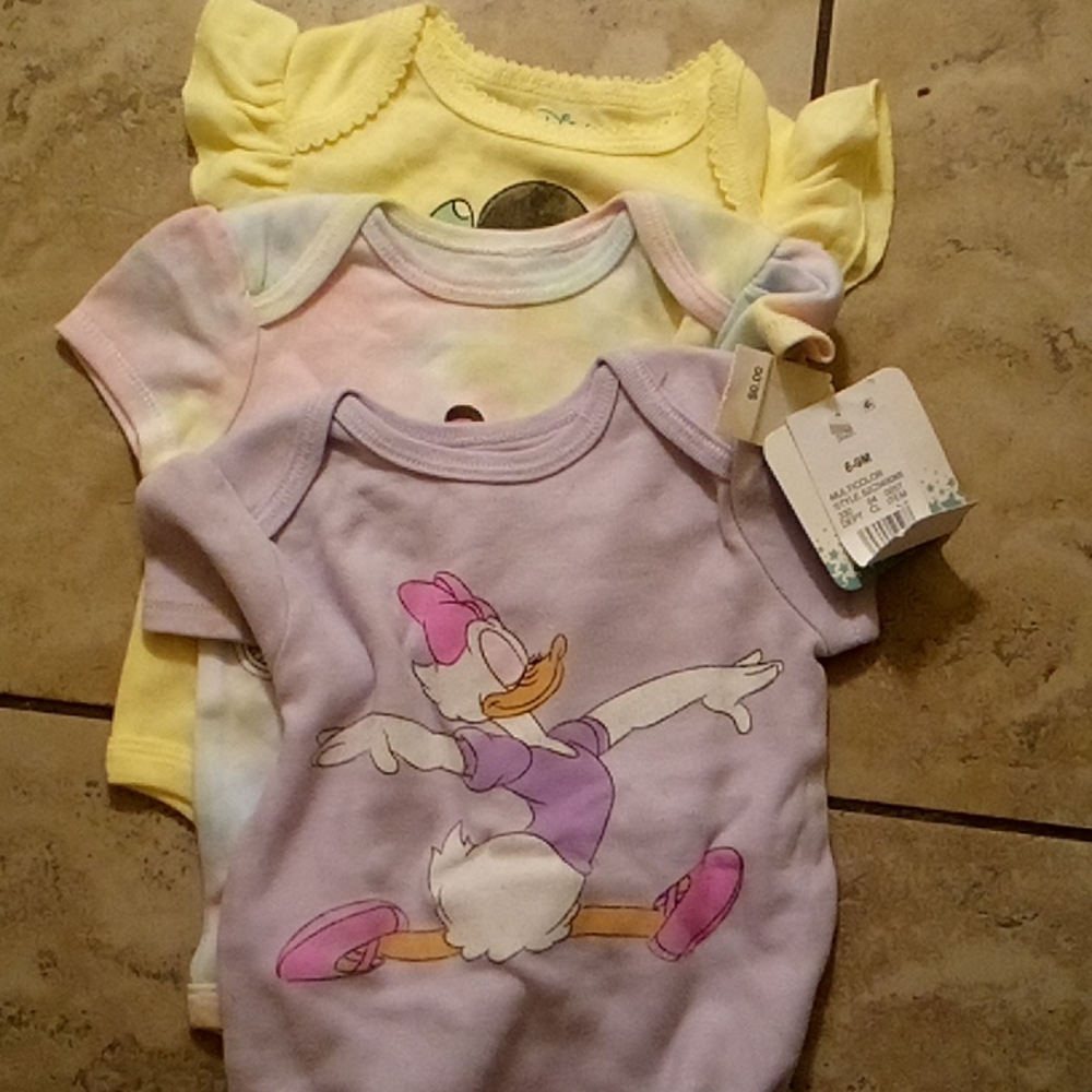 Disney Baby three onesie set, pastel colors, size 6-9 months